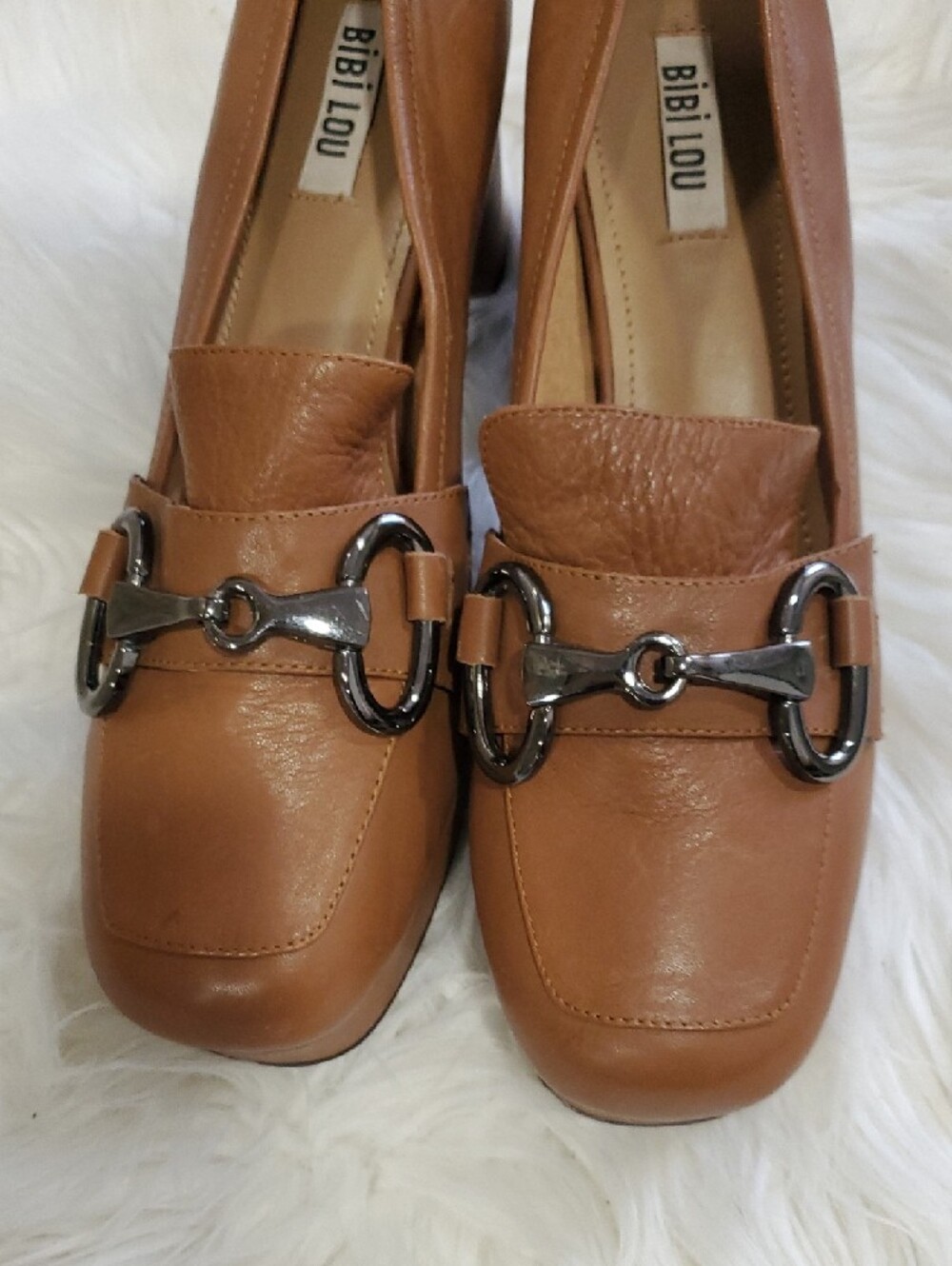 Anthropologie Bibi Lou Women's Tan Leather Platform  Loafers with Metal Bit - Picture 10 of 17